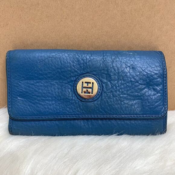 TOMMY HILFIGER Blue Pebbled Genuine Leather Flap Clutch Wallet - Picture 1 of 12